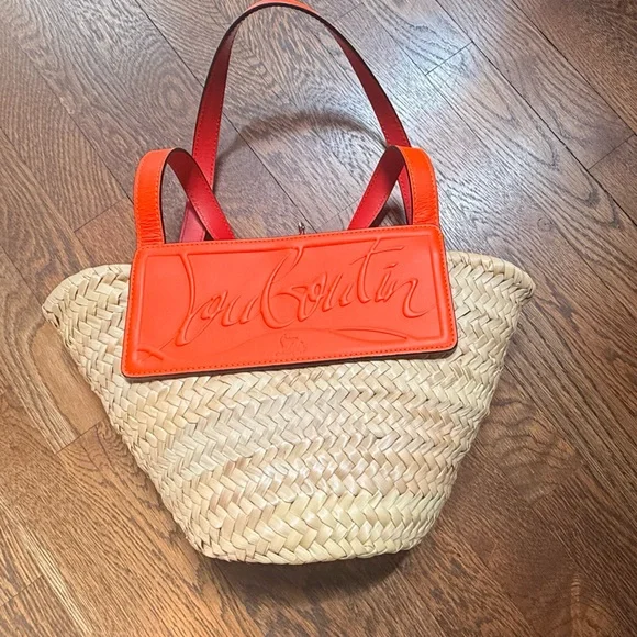 Christian Louboutin Orange and Tan Woven Bag Straw Tote authentic COA INCLUDED